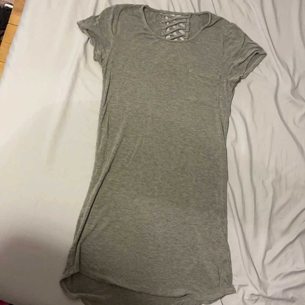 Long grey dress with crisscross design on back